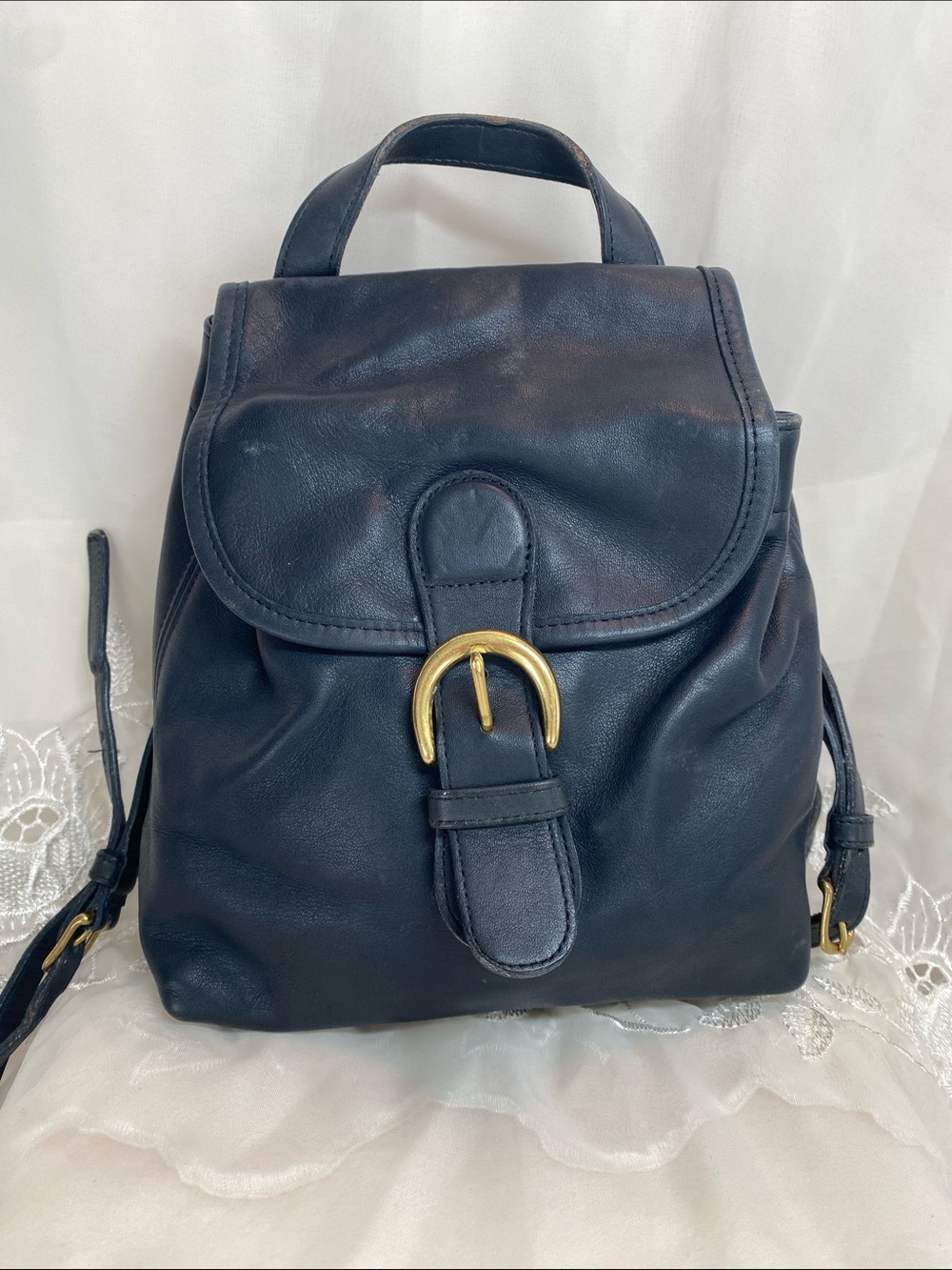 Coach 4152 Navy Leather Mini Backpack with Gold Buckle